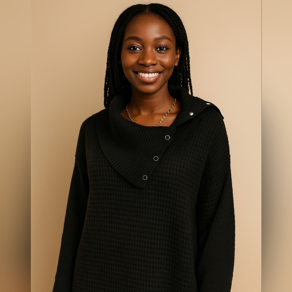 WHITE HOUSE BLACK MARKET SPLIT FUNNEL NECK SWEATER TUNIC, BLACK L